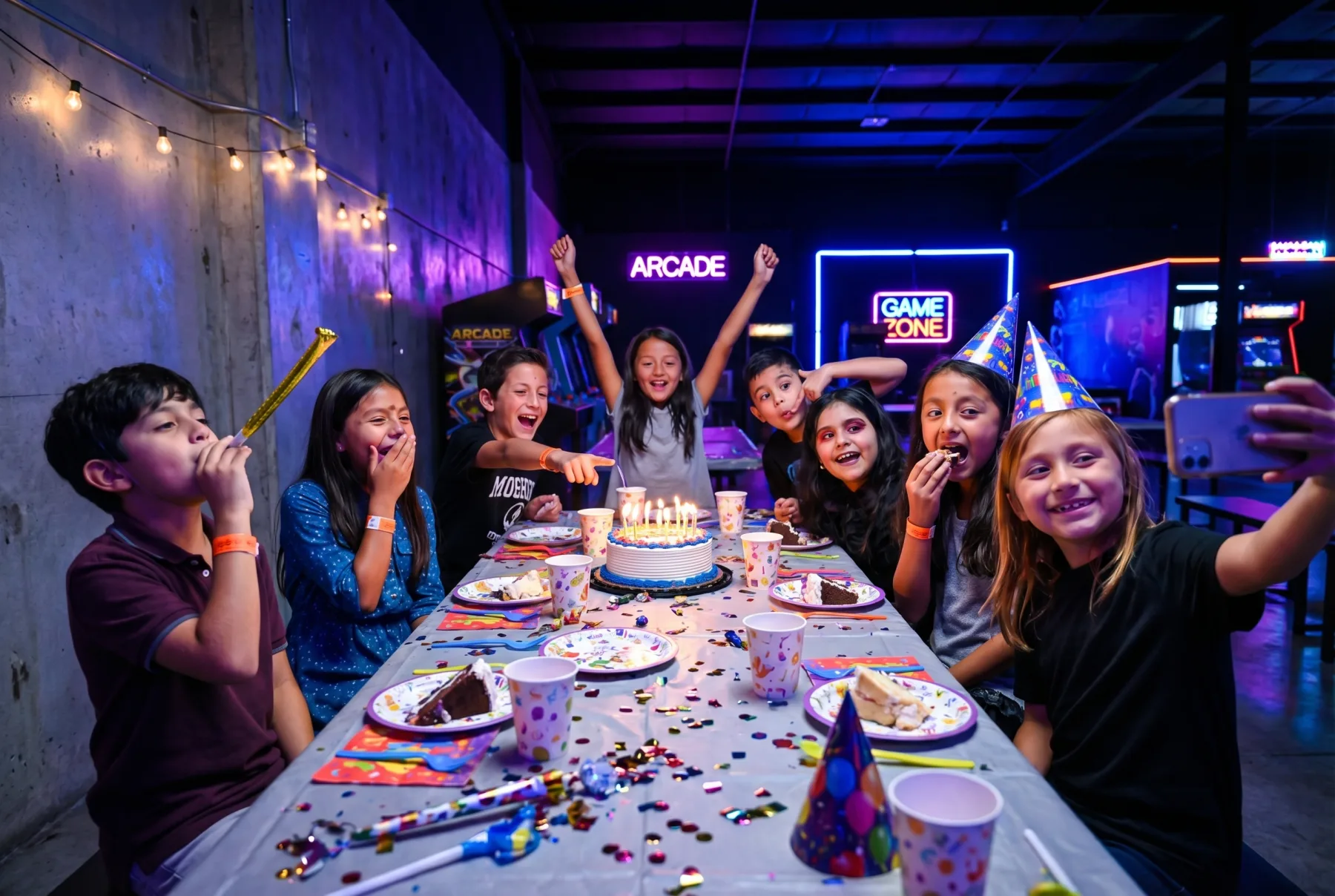 Cumpleaños en Iceberg con torta, gorritos y zona arcade